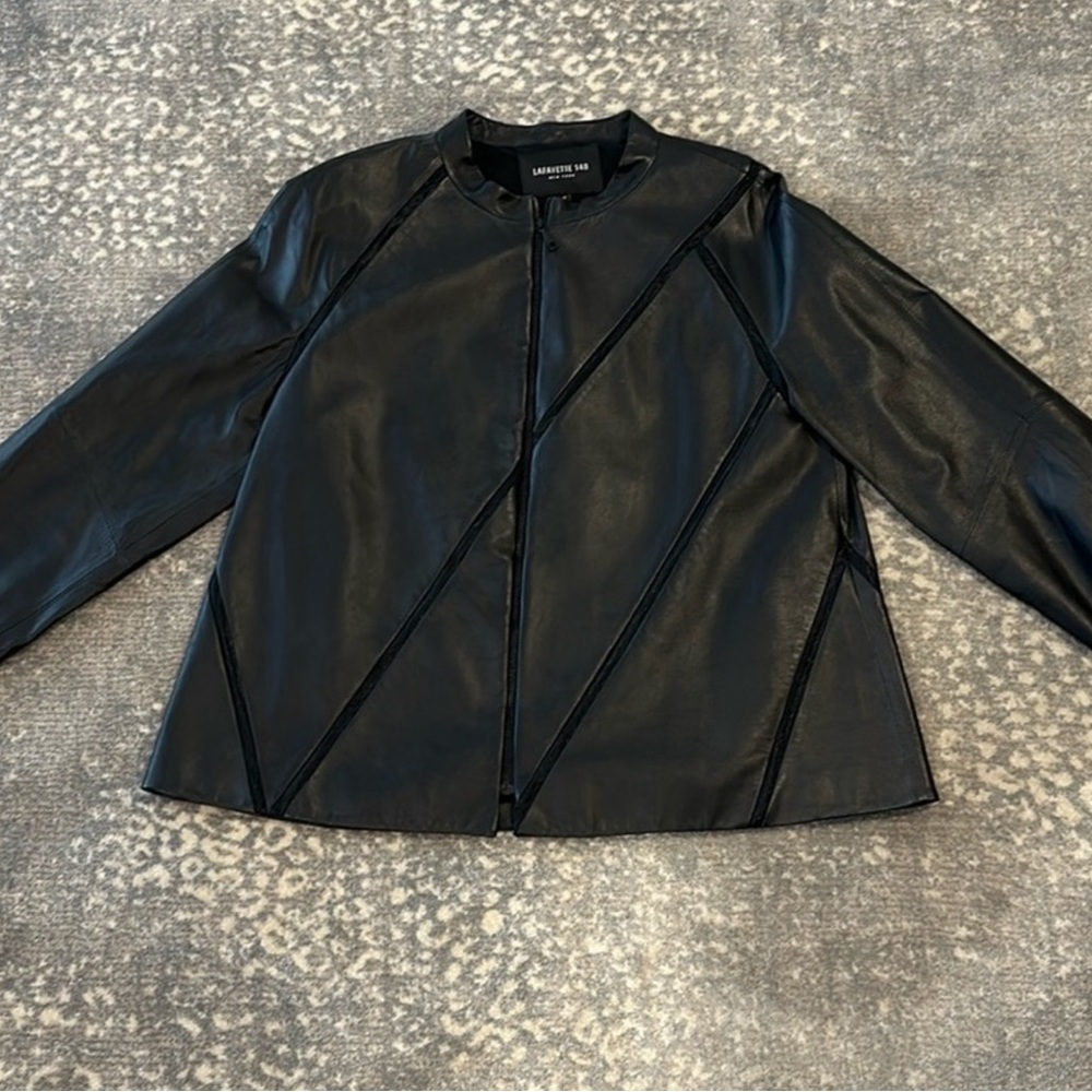 Lafayette 148 New York Black Leather Jacket with Diagonal Seam Detail